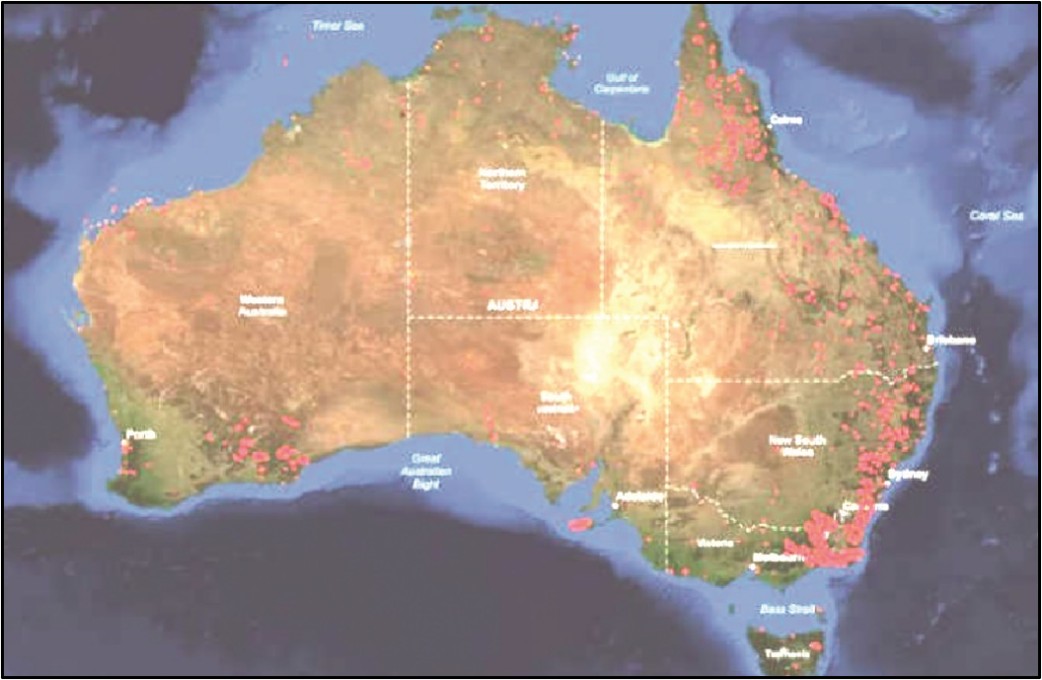 Localisation des feux de végétation en décembre 2019 (Australie)