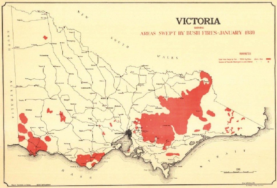 Carte des surfaces de végétation incendiées en janvier 1939 (État de Victoria)