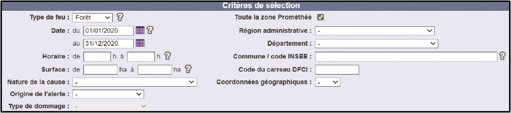 Exemple de sélection (année 2020, toute la zone, tous les incendies)