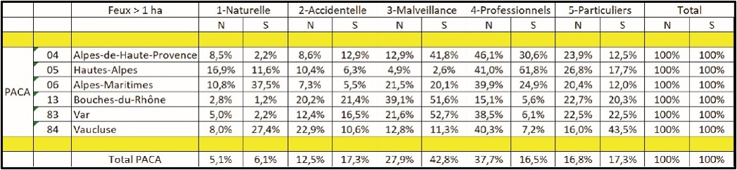 Région PACA : Causes des départs de feux (pourcentage du nombre et des surfaces)