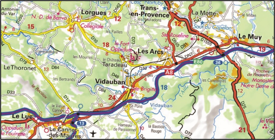 Carte autour de Vidauban (La Bastide Rouge est en bas au centre)
