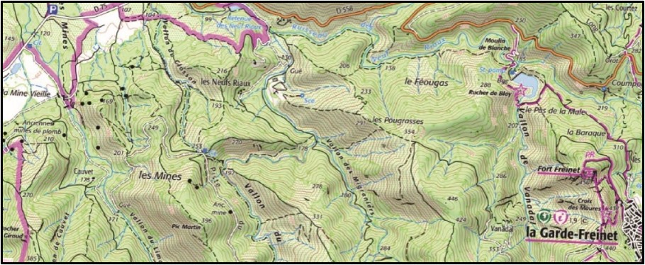 Carte du versant sud des Maures (Le pic Martin est à l'ouest de La Garde-Freinet)