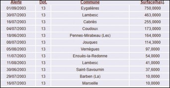 Les feux de plus de 10 hectares de l'été 2003 dans les Bouches-du-Rhône