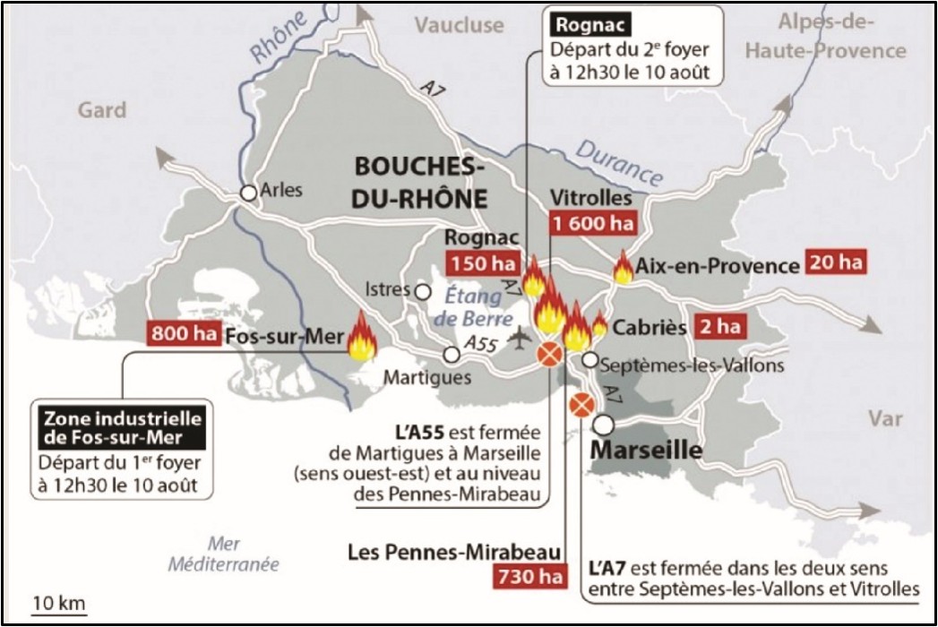 Les départs de feux du 10 août 2016 autour de l'étang de Berre