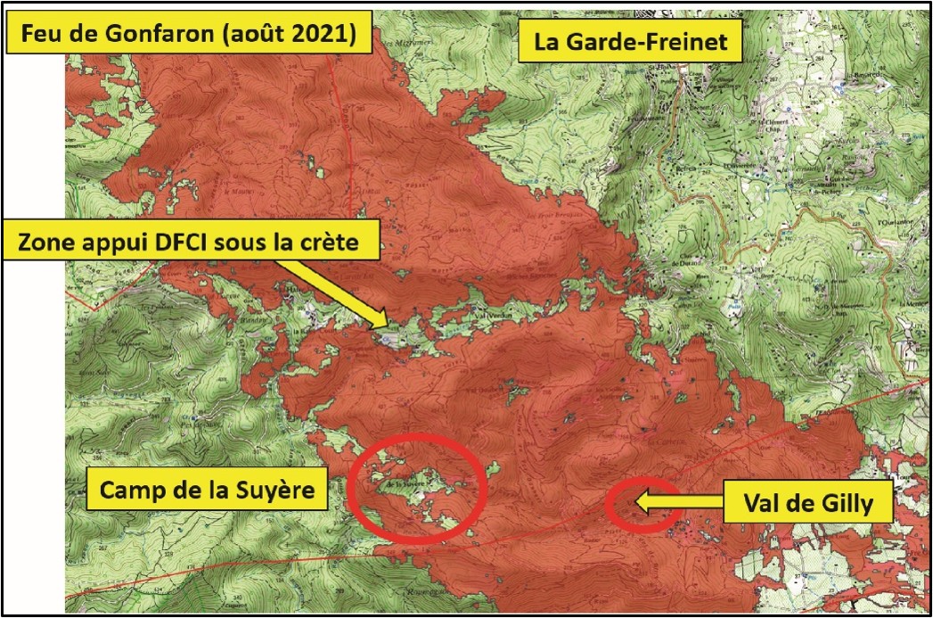 Carte du parcours du feu de Gonfaron d'août 2021