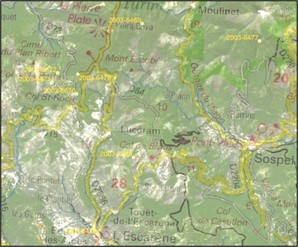 Localisation des feux attribués à la foudre autour de Lucéram du 1er au 6 août 2003