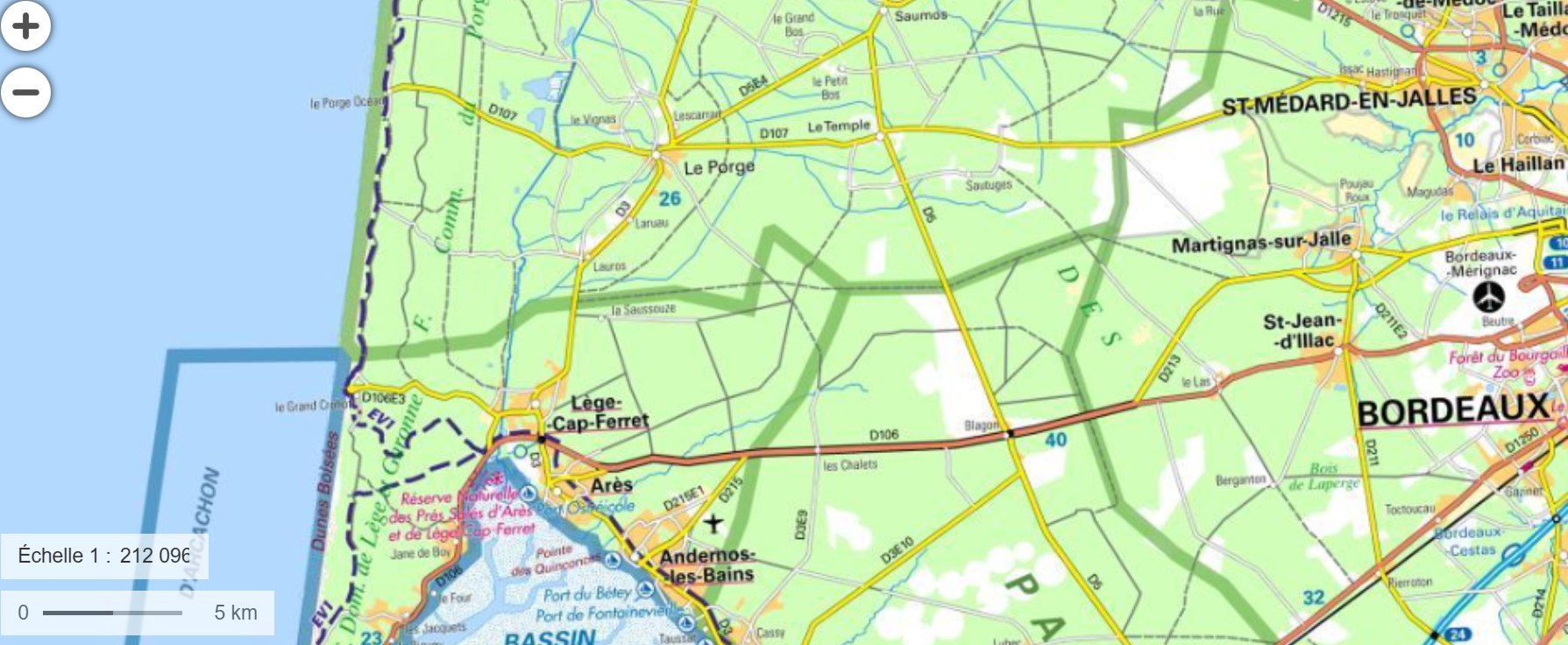 Carte permettant de situer Saumos, Le Porge et Lège-Cap-Ferret