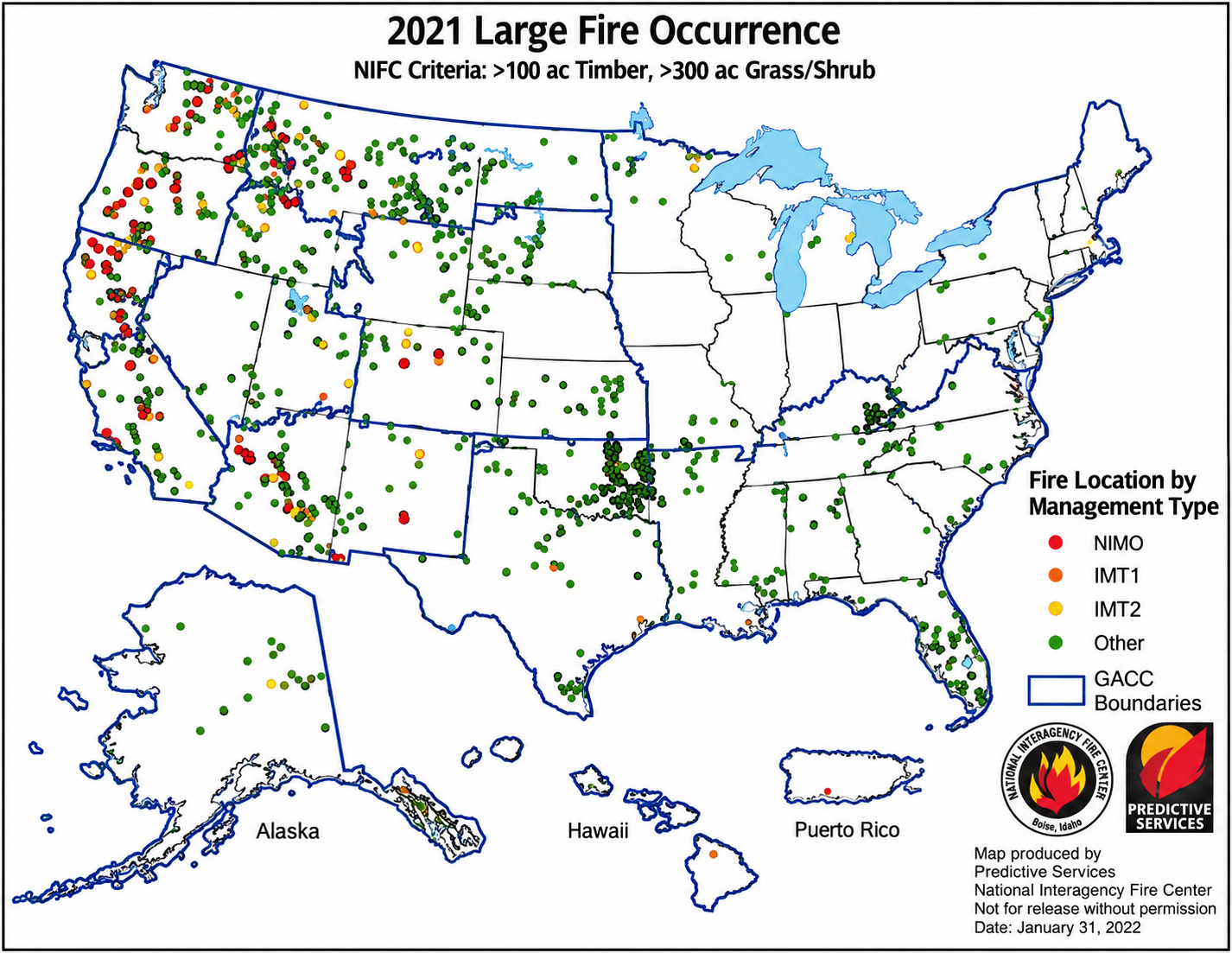 Localisation des « grands » feux de 2021 (USA)