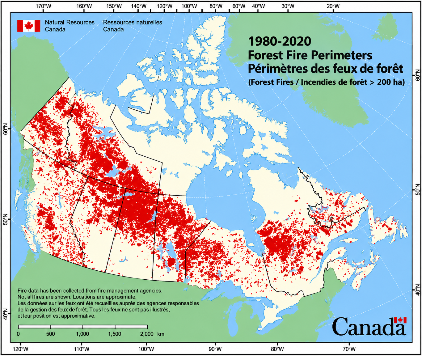 Périmètre des feux de forêts de plus de 200 hectares au Canada (1980-2020)