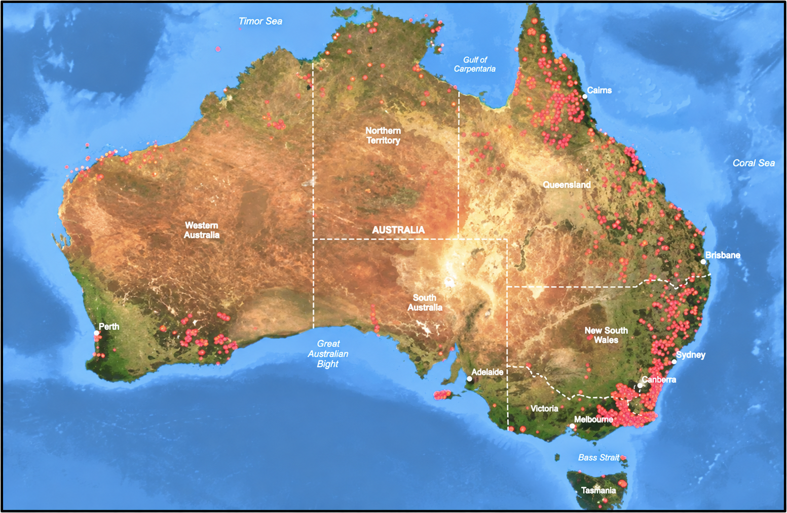 Localisation des feux de végétation en décembre 2019 (Australie)