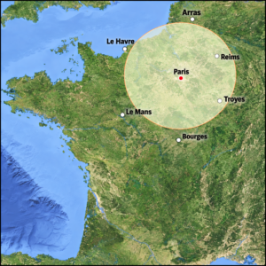 Un cercle de 84 000 km² dont le centre est paris