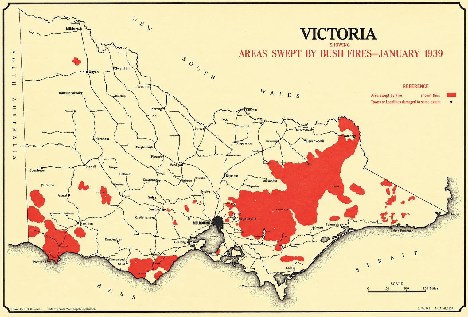 Carte des surfaces de végétation incendiées en janvier 1939 (État de Victoria)