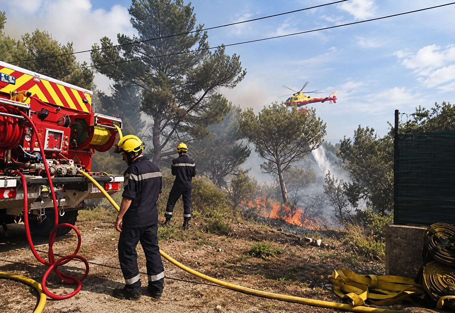 Pompiers français et hélicoptère bombardier d'eau en action