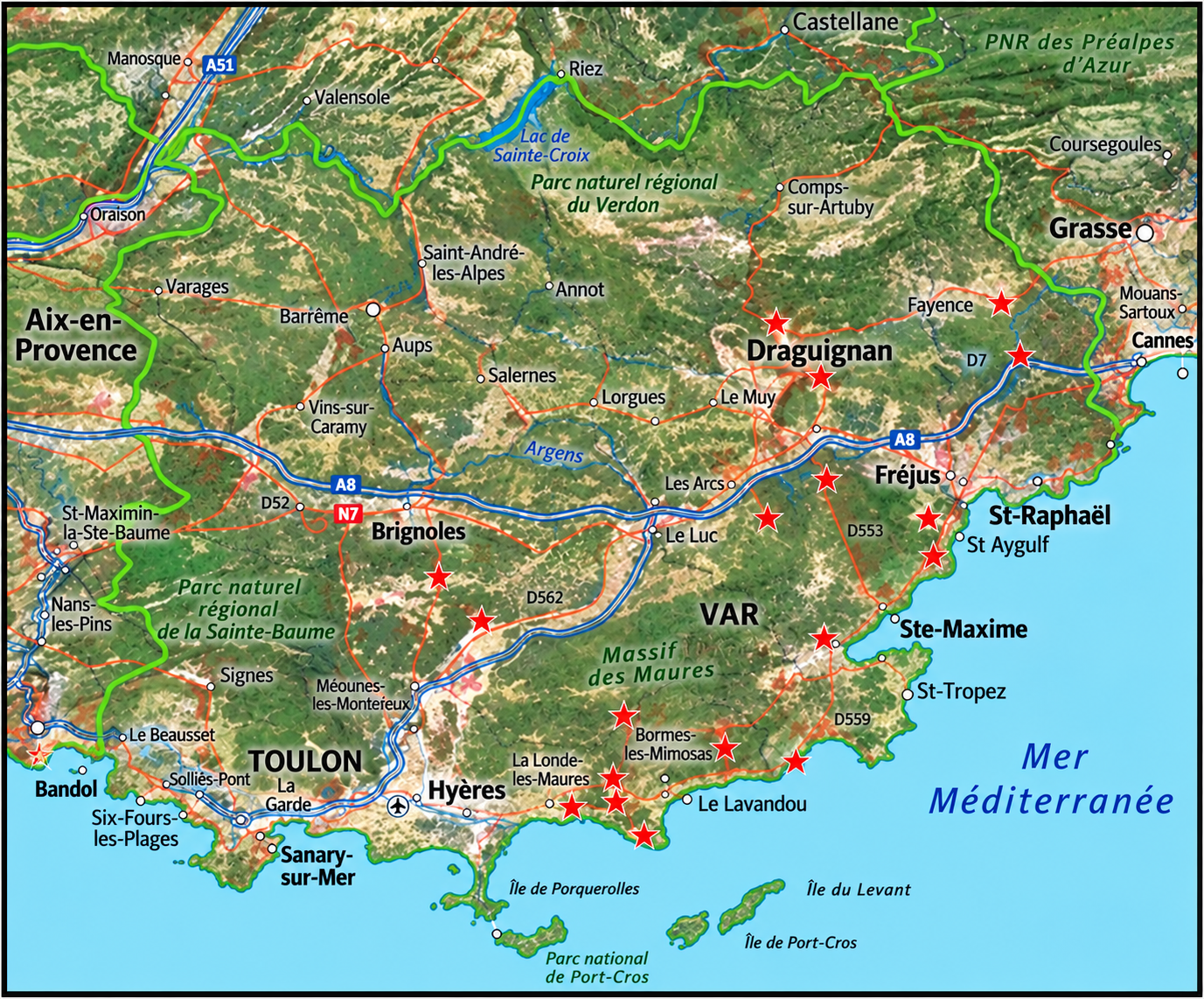Exemple de carte (année 1990, Département du Var, feux >= 20 hectares) 