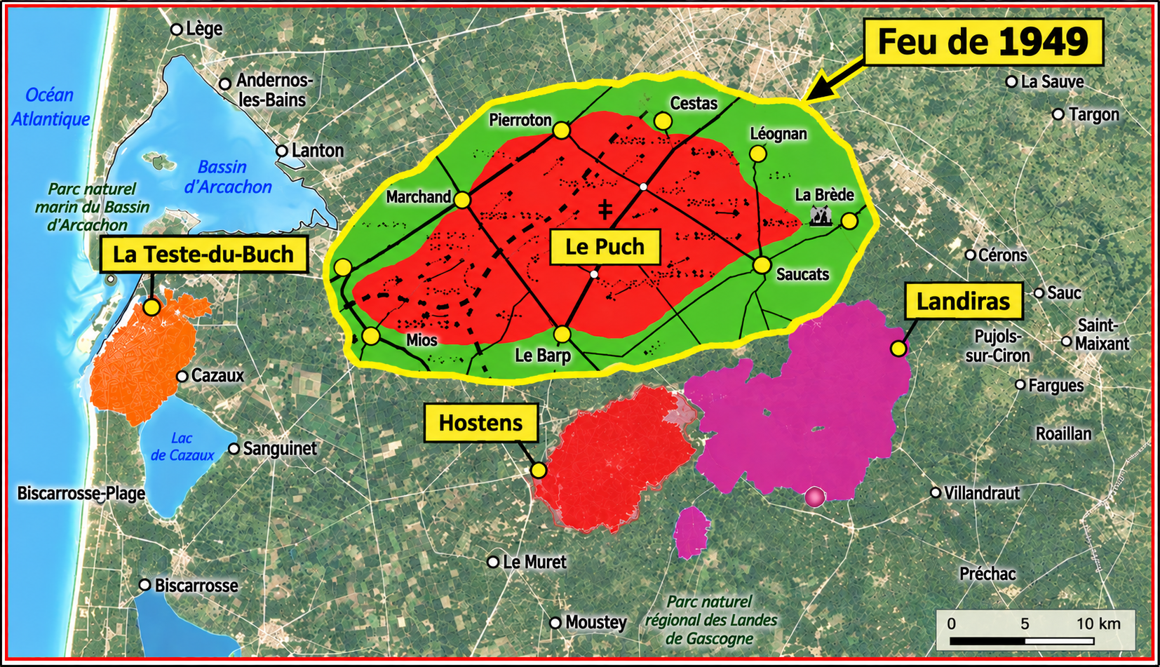 Superposition du feu de 1949 (en vert) avec les feux de 2022