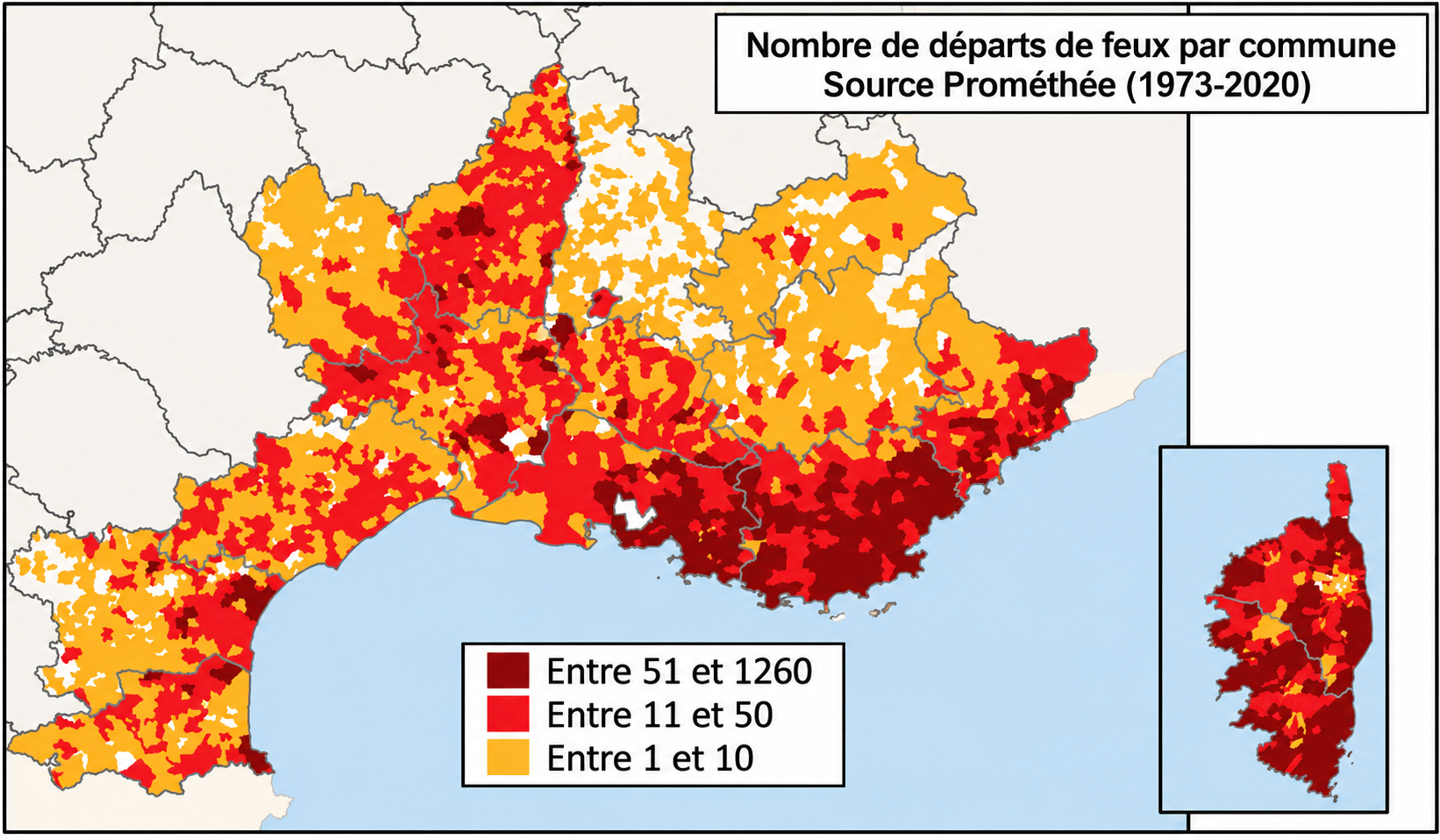 Nombre de départs de feux par commune (Prométhée 1973-2021)
