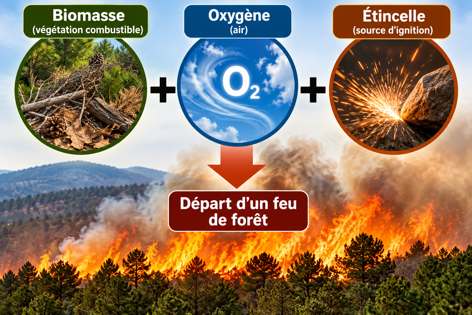 Biomasse + Oxygène + Étincelle ➜ départ d’un feu de forêt